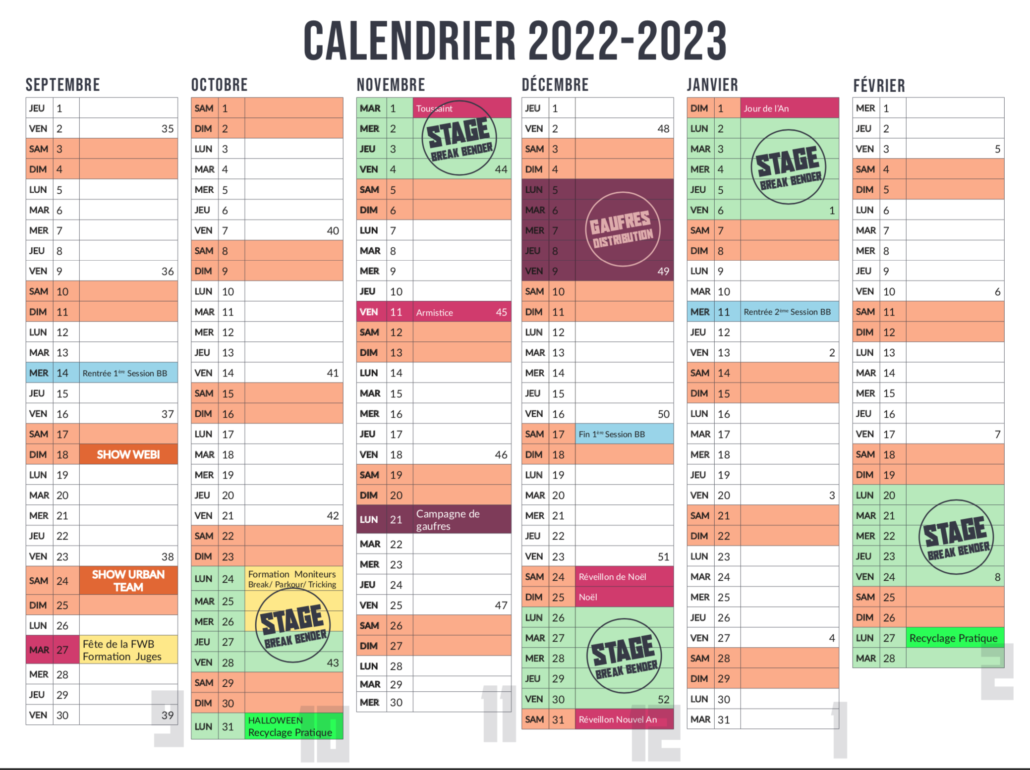 Calendrier BREAK BENDER 2022-2023 SEPT-Fev