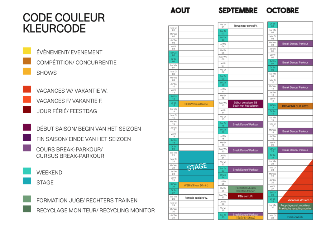 Calendrier 2023-2024 Break Bender aout à octobre