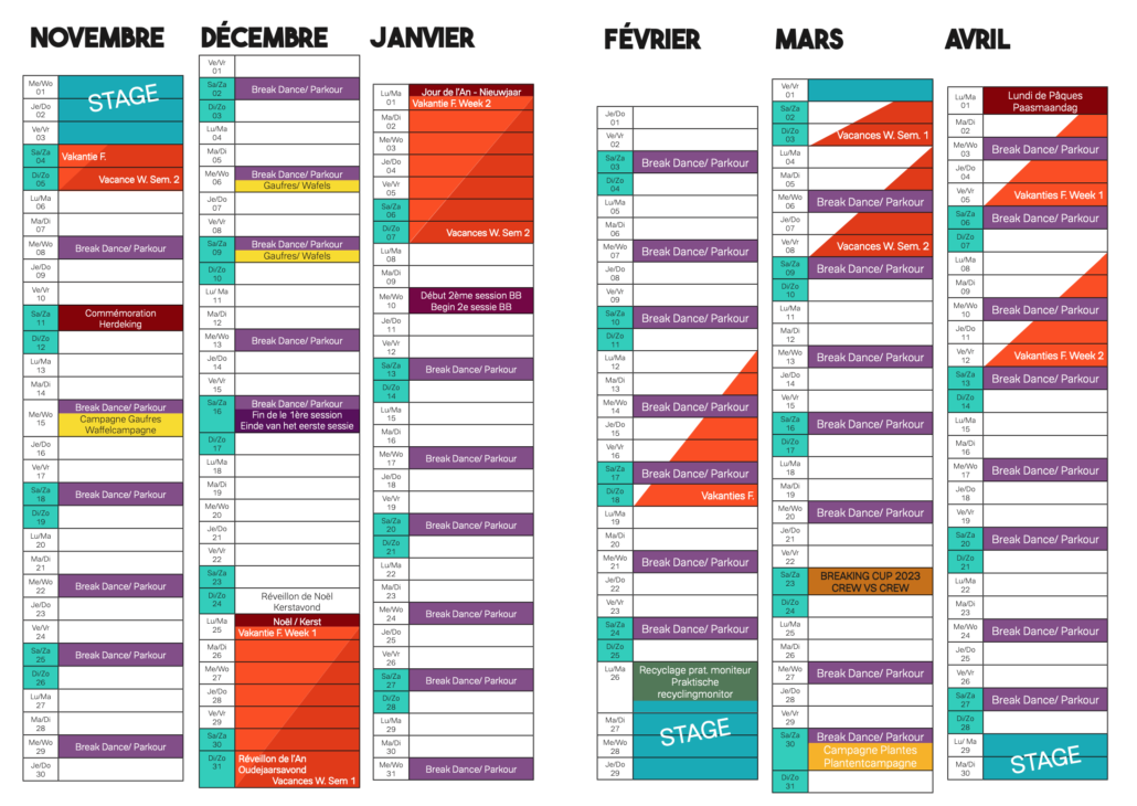 Calendrier 2023-2024 Break Bender novembre à avril